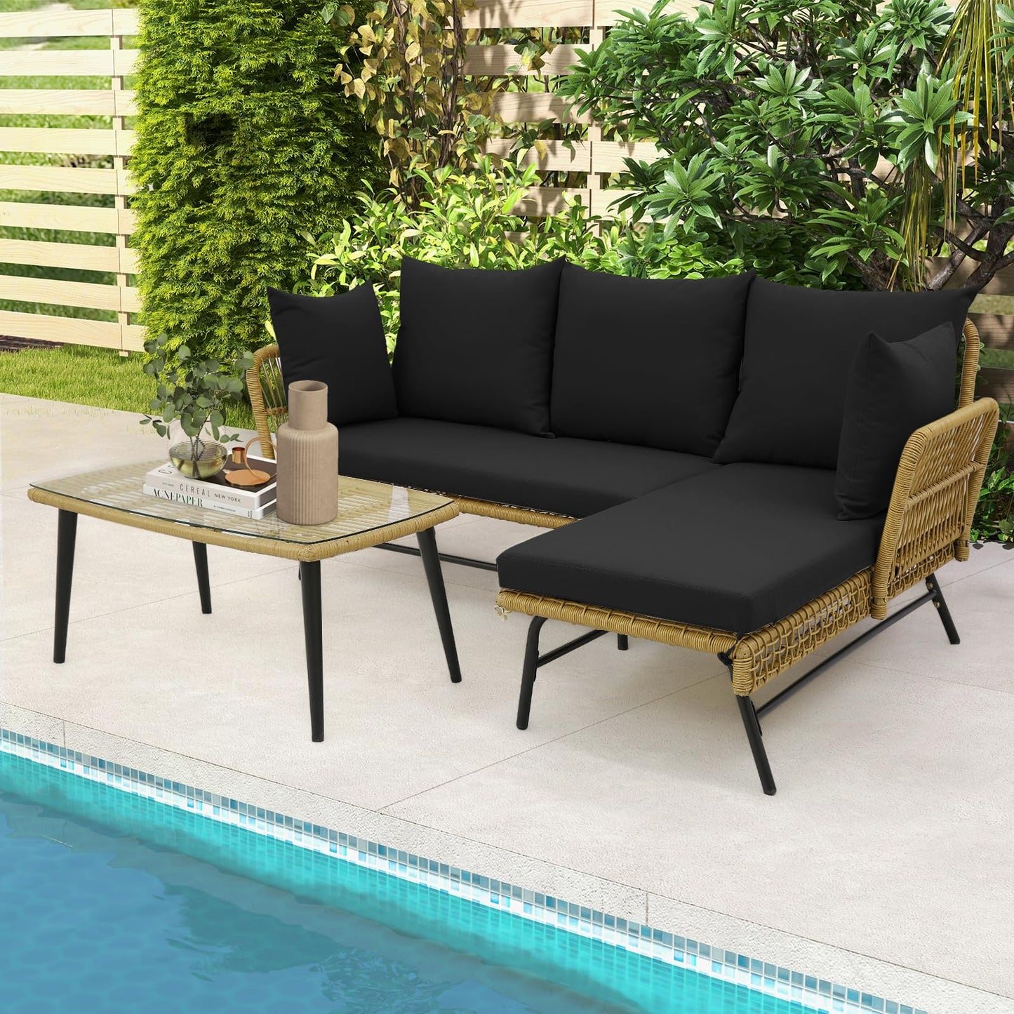 3 Pieces L Shaped Patio Conversation Set with Cushions & Tempered Glass Table