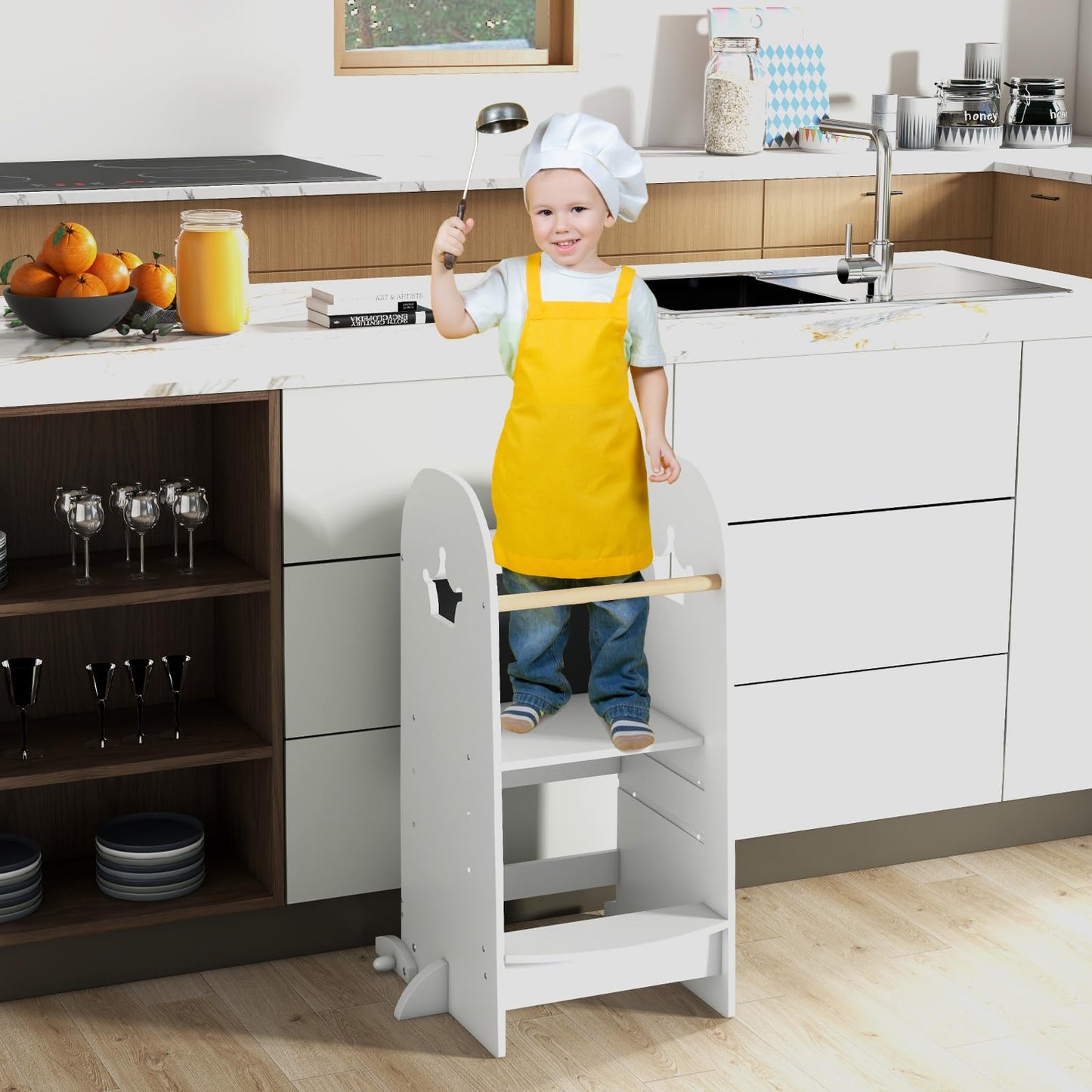 3 Heights Adjustable Kitchen Stand Helper with Double-sided Chalkboard