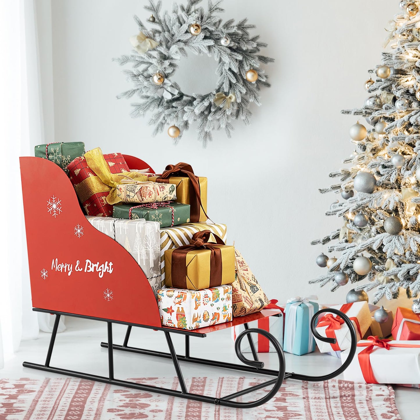 Red Christmas Santa Sleigh, Metal Xmas Decoration with 1/2-Tier Storage Shelf