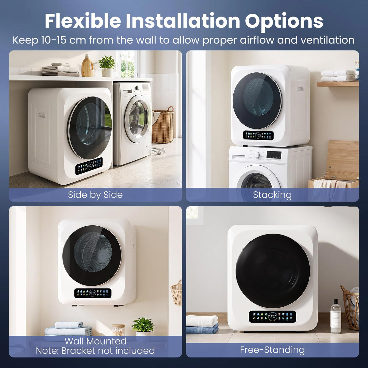 3KG Vented Tumble Dryer, Compact Smart Sensor Dryer with 8 Modes