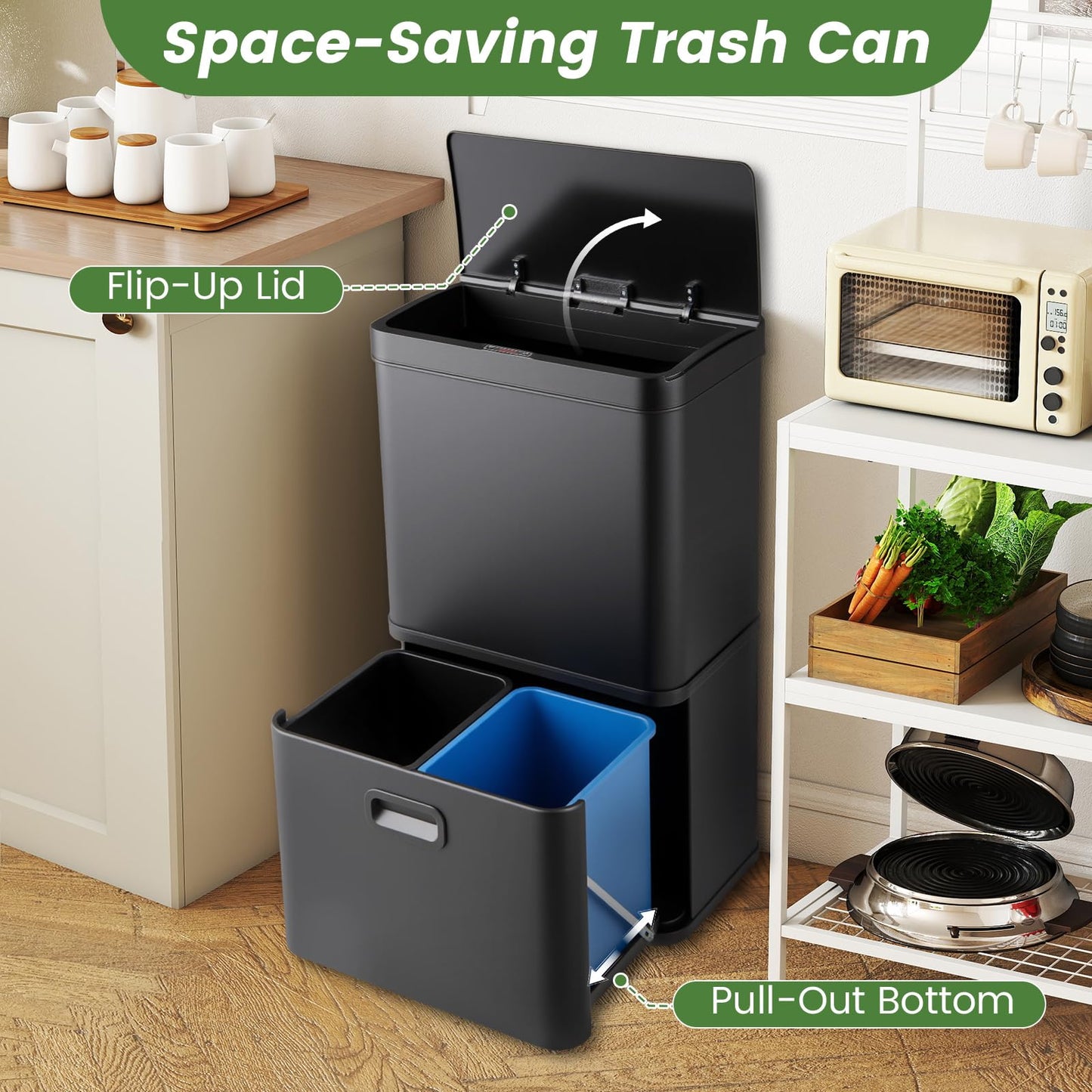 56L Stainless Steel Trash Can Touchless Recycling Garbage Bin