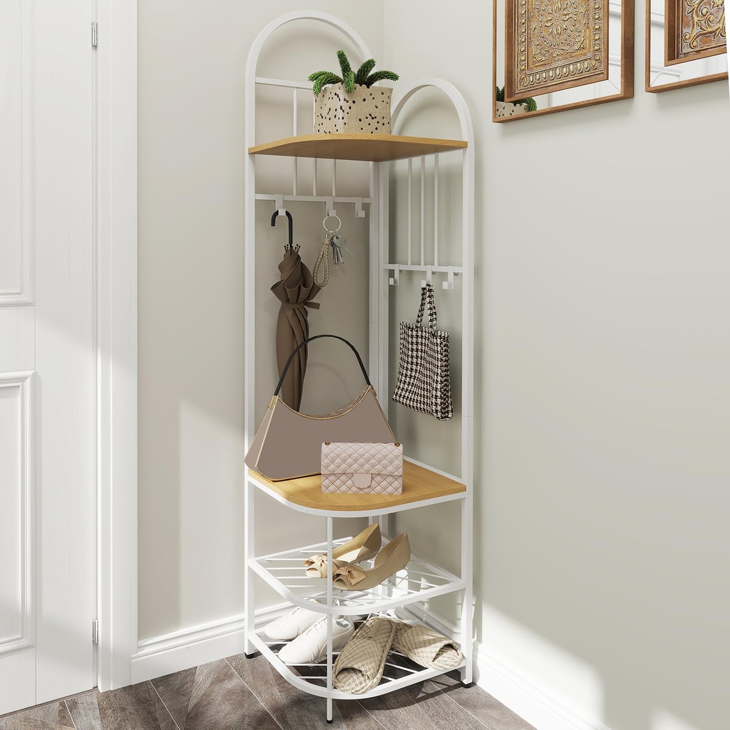Corner Hall Tree 4 Tier Coat Rack with Storage Bench and Hooks