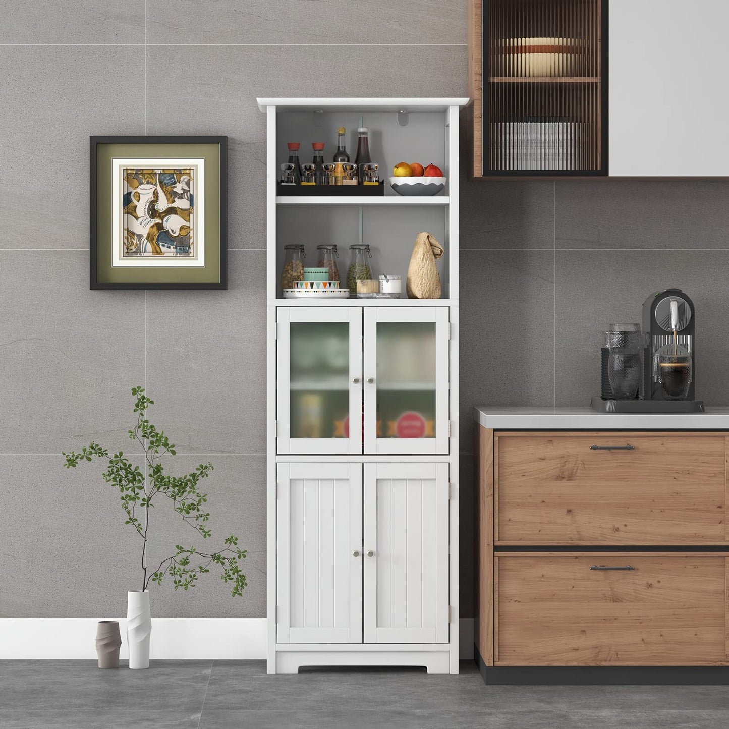Freestanding Storage Cabinet with Tempered Glass Door and Open Shelves