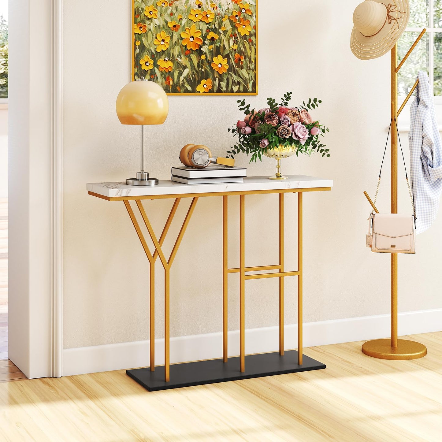Faux Marble Slim Entryway Table Hall Desk