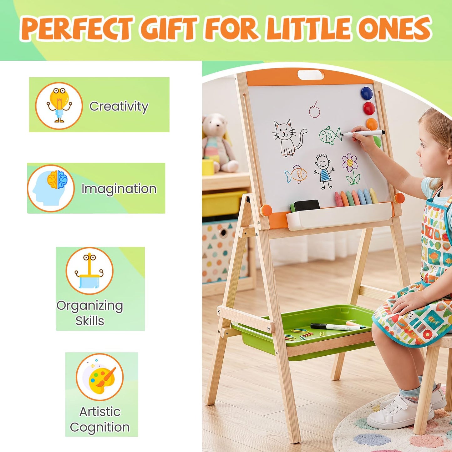 2-in-1 Art Easel for Kids with Magnetic Whiteboard & Blackboard for Ages 3+