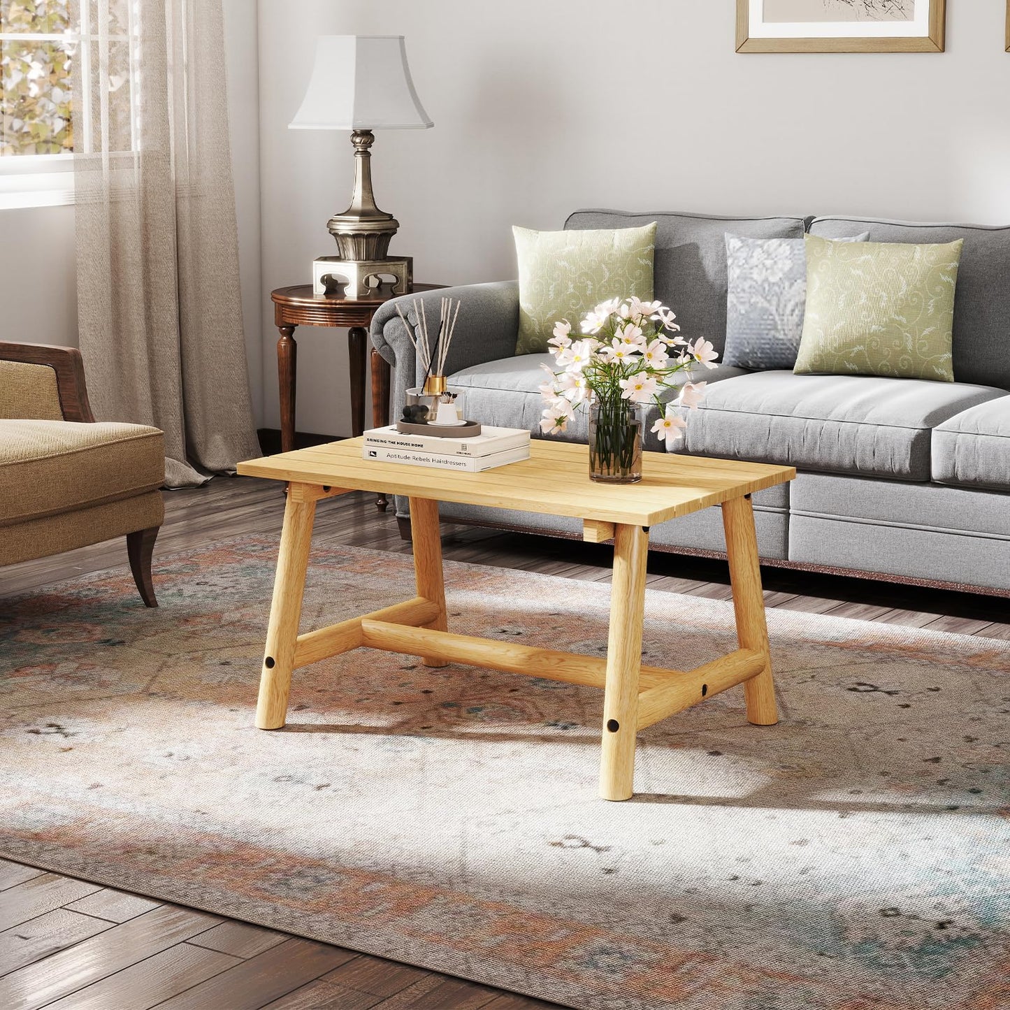 Outdoor Rectangle Coffee Table Solid Wood Patio Table with Slatted Tabletop for Garden Lawn