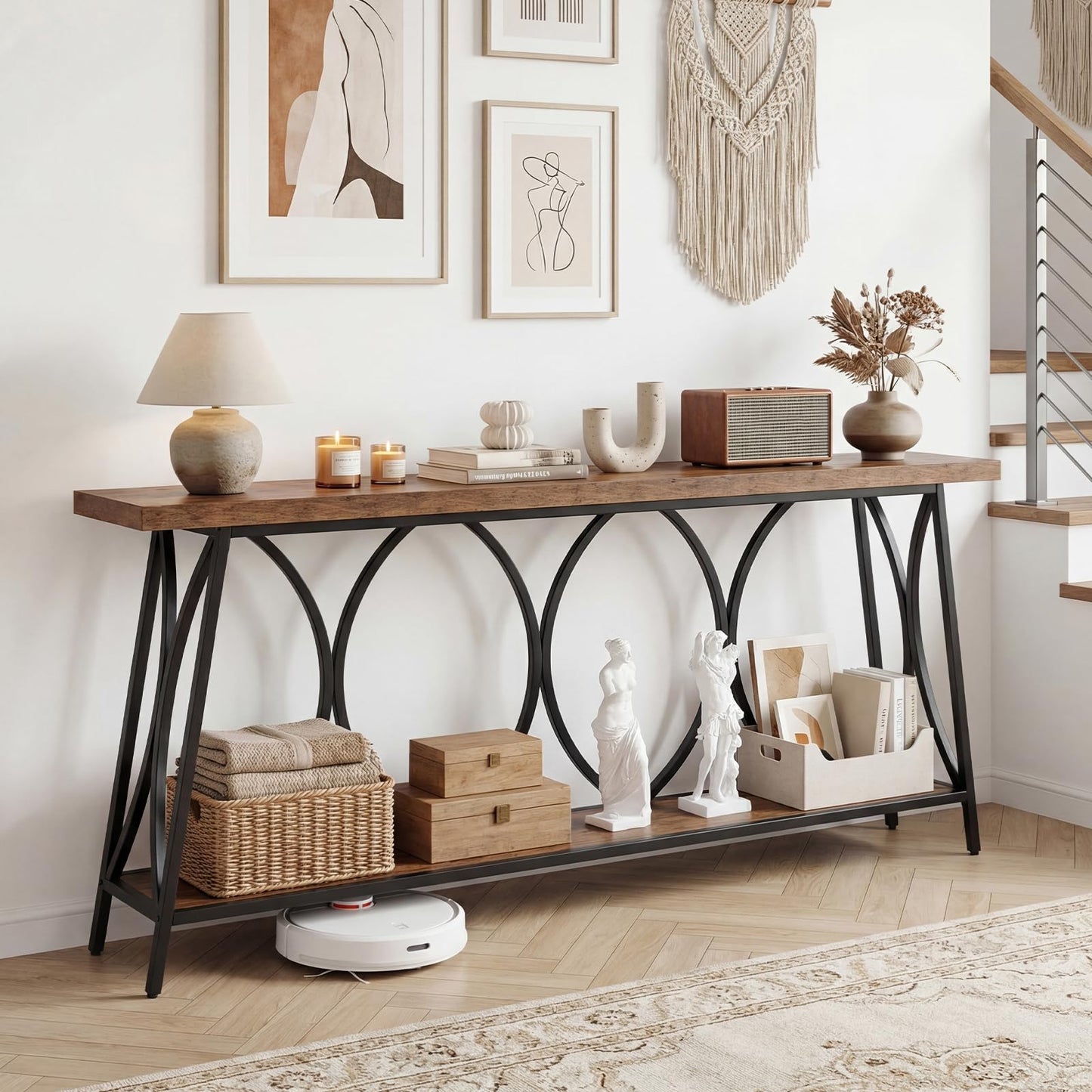 2-Tier Console Table, 180cm Long Industrial Narrow Entryway Table