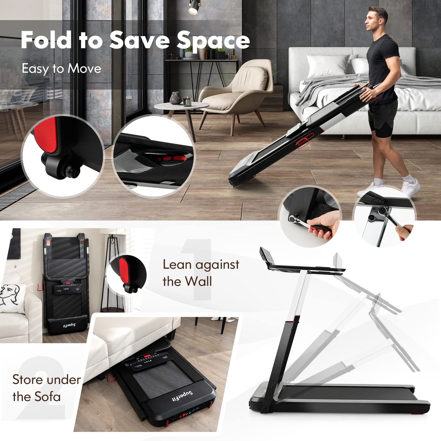 Folding Treadmill, 2.25HP Running Jogging Walking Machine with LED Display