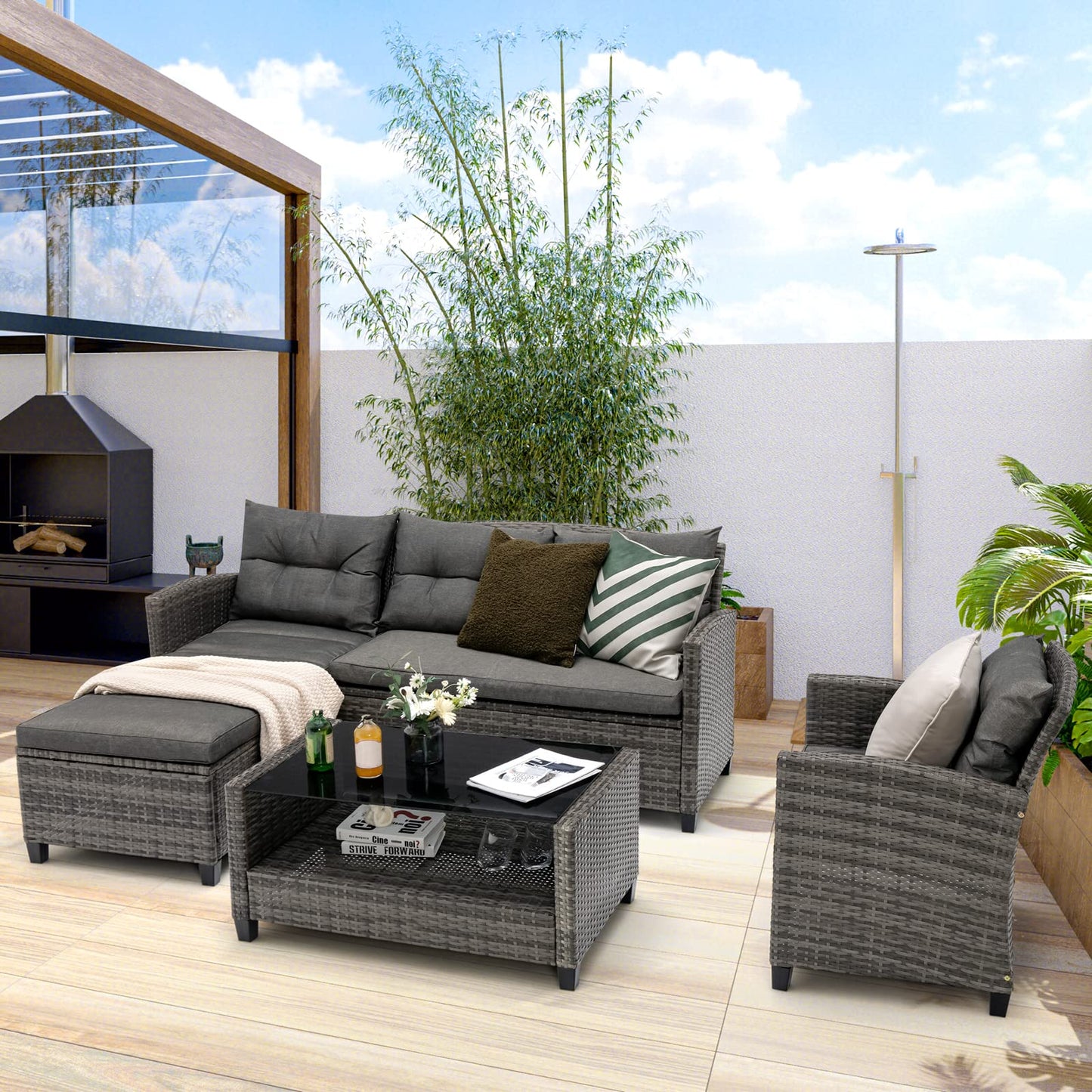 4-Piece All-Weather Outdoor Sectional L-shaped Sofa Set with Coffee Table