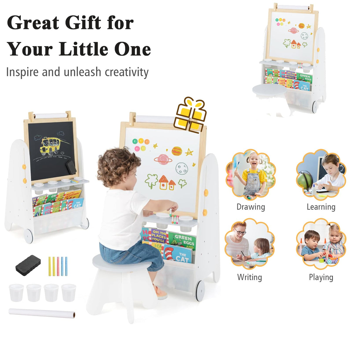 4-in-1 Toddler Activity Table Set with Magnetic Whiteboard and Bookshelves