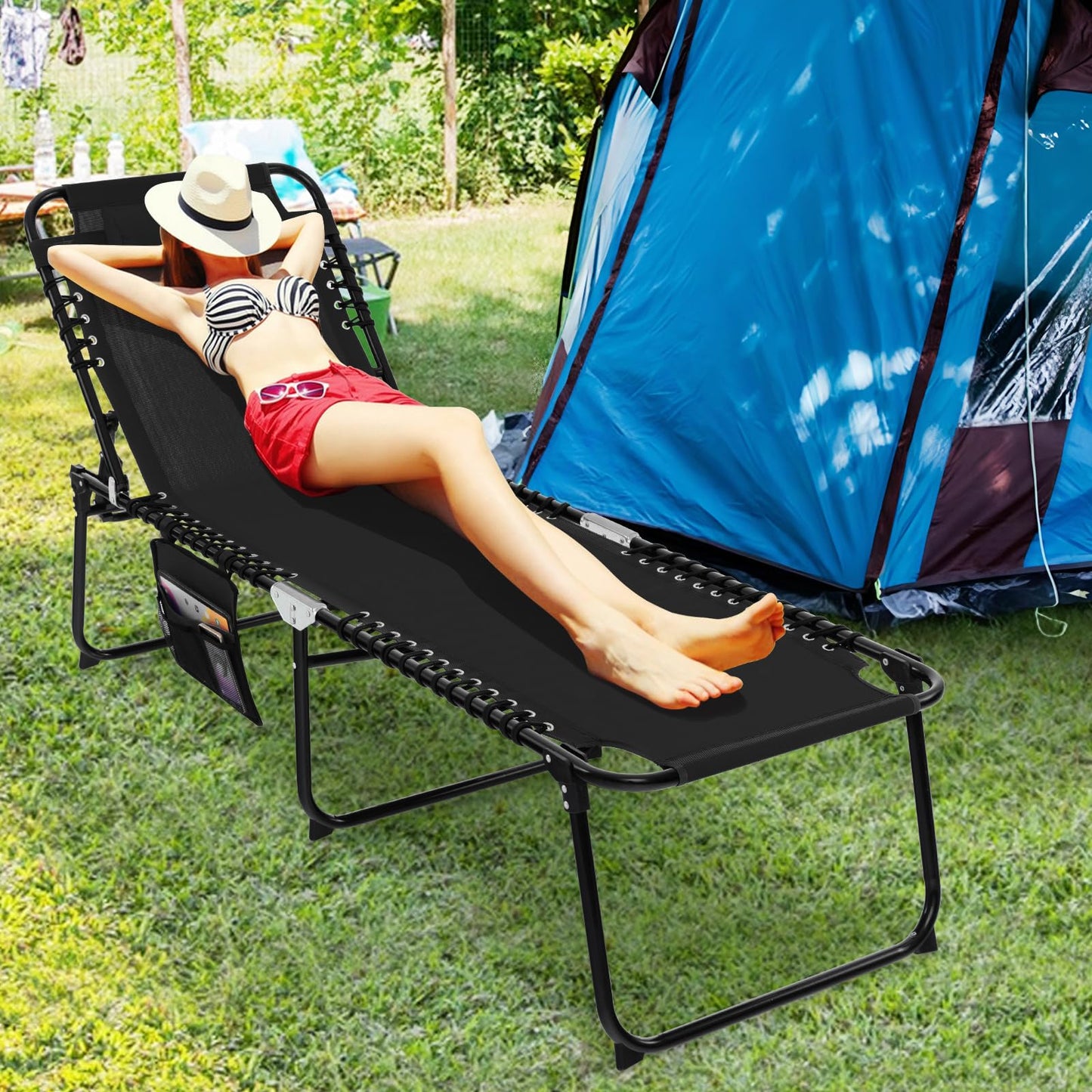 4-Level Adjustable Garden Reclining Chaise Lounge Chair Sunbed with Pillow & Side Pocket