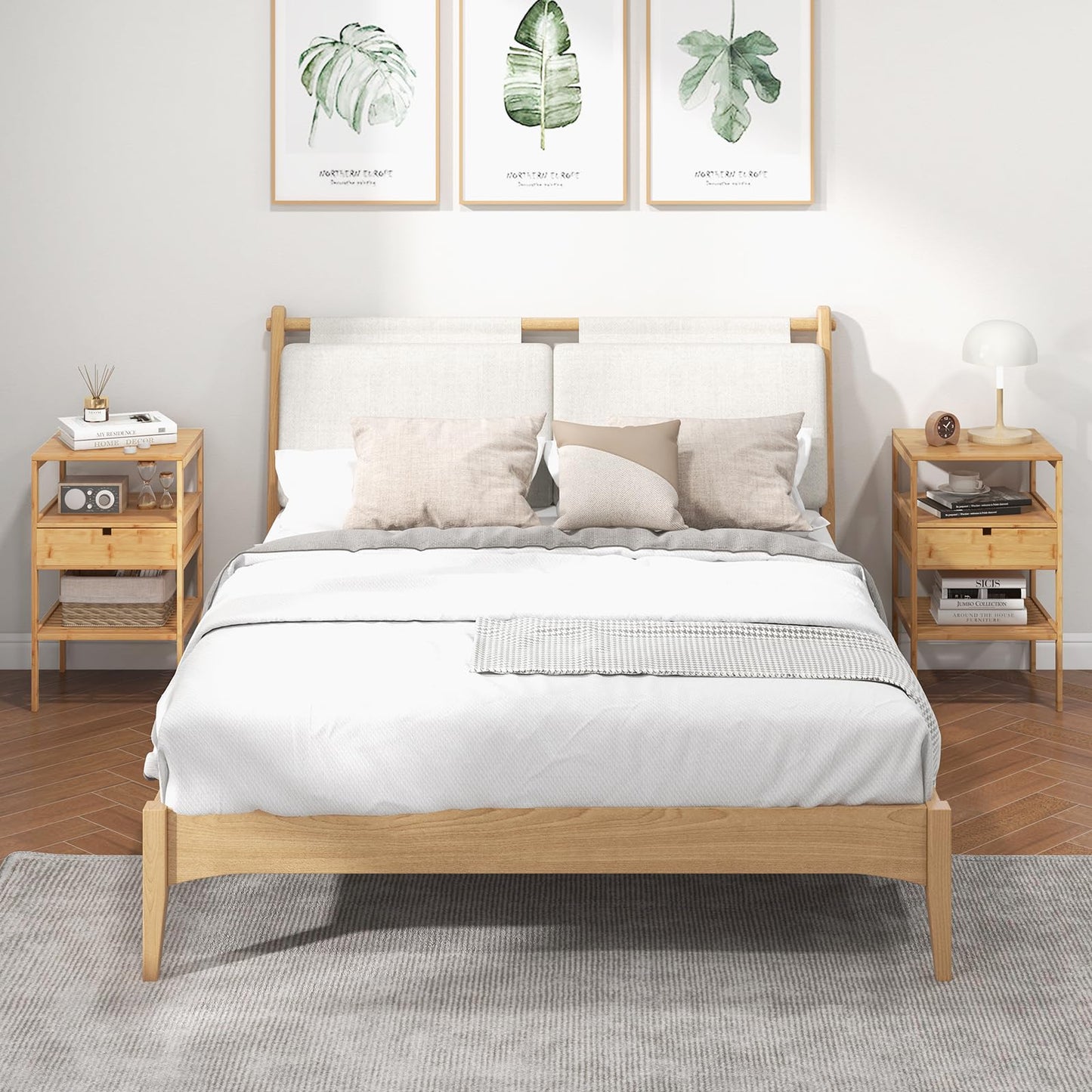 Set of 2 Multipurpose Bamboo Nightstand with Storage Drawer and Slatted Shelf