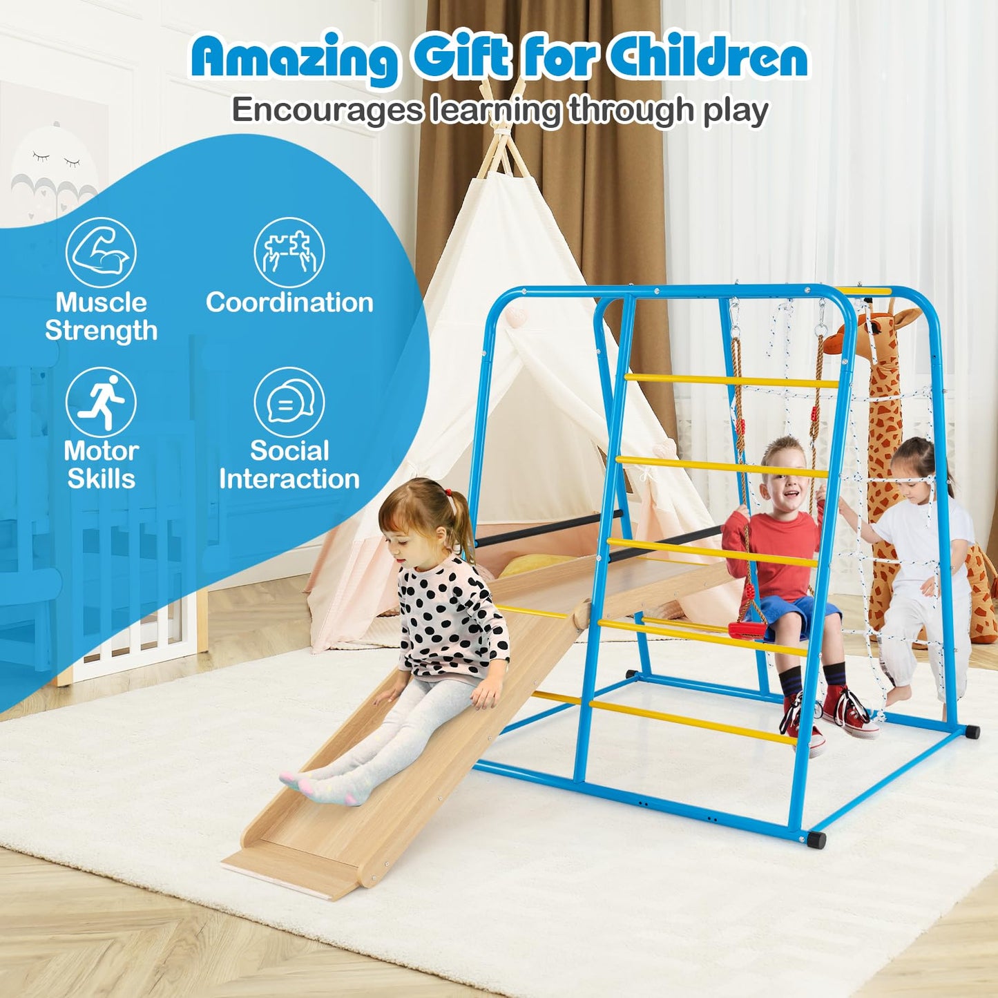 6-in-1 Indoor Jungle Gym Metal Climber with Slide and Monkey Bars