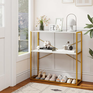 2-Tier Entryway Table with Marble Textured Open Shelves and Metal Frame