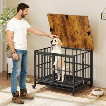 Dog Crate Furniture on Wheels, Foldable Dog Kennel Side Table with Lockable Door
