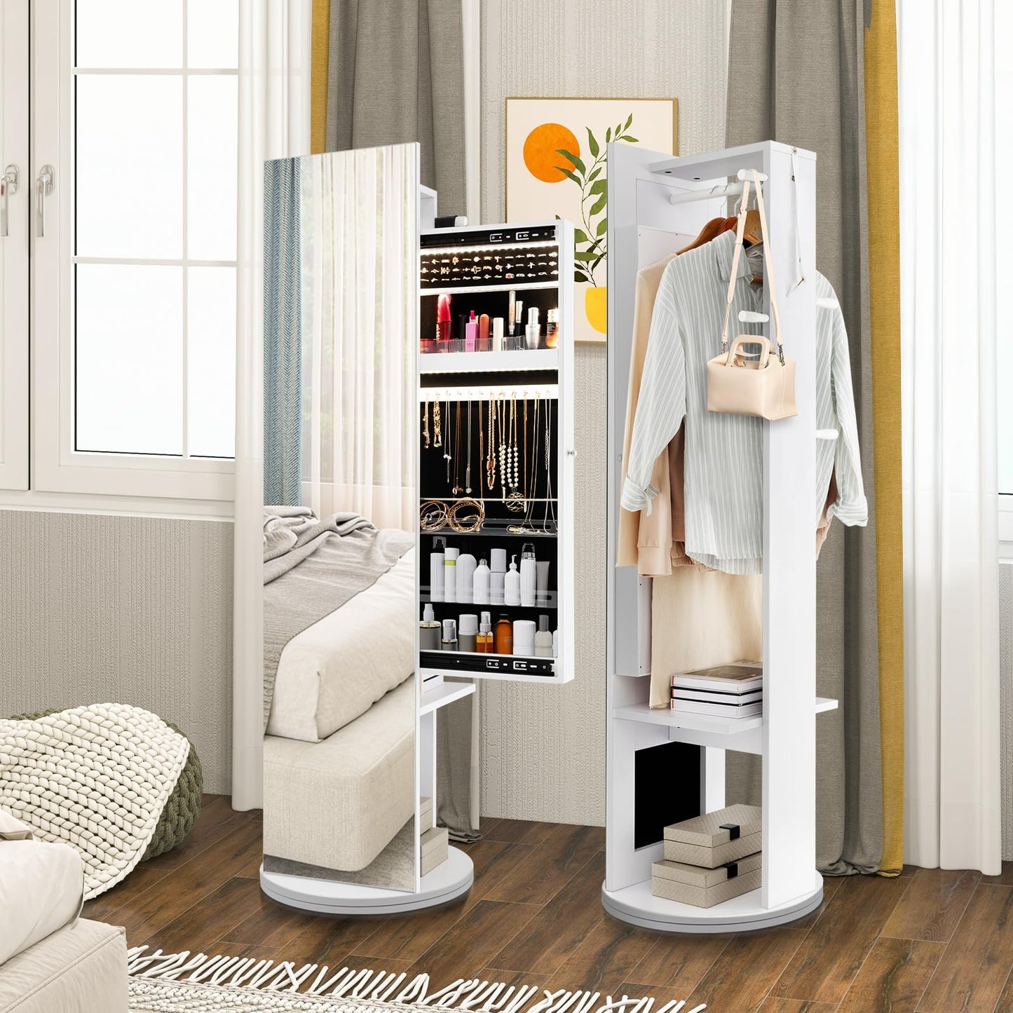 Swivel Jewelry Cabinet with Full-Length Mirror Cosmetics Storage