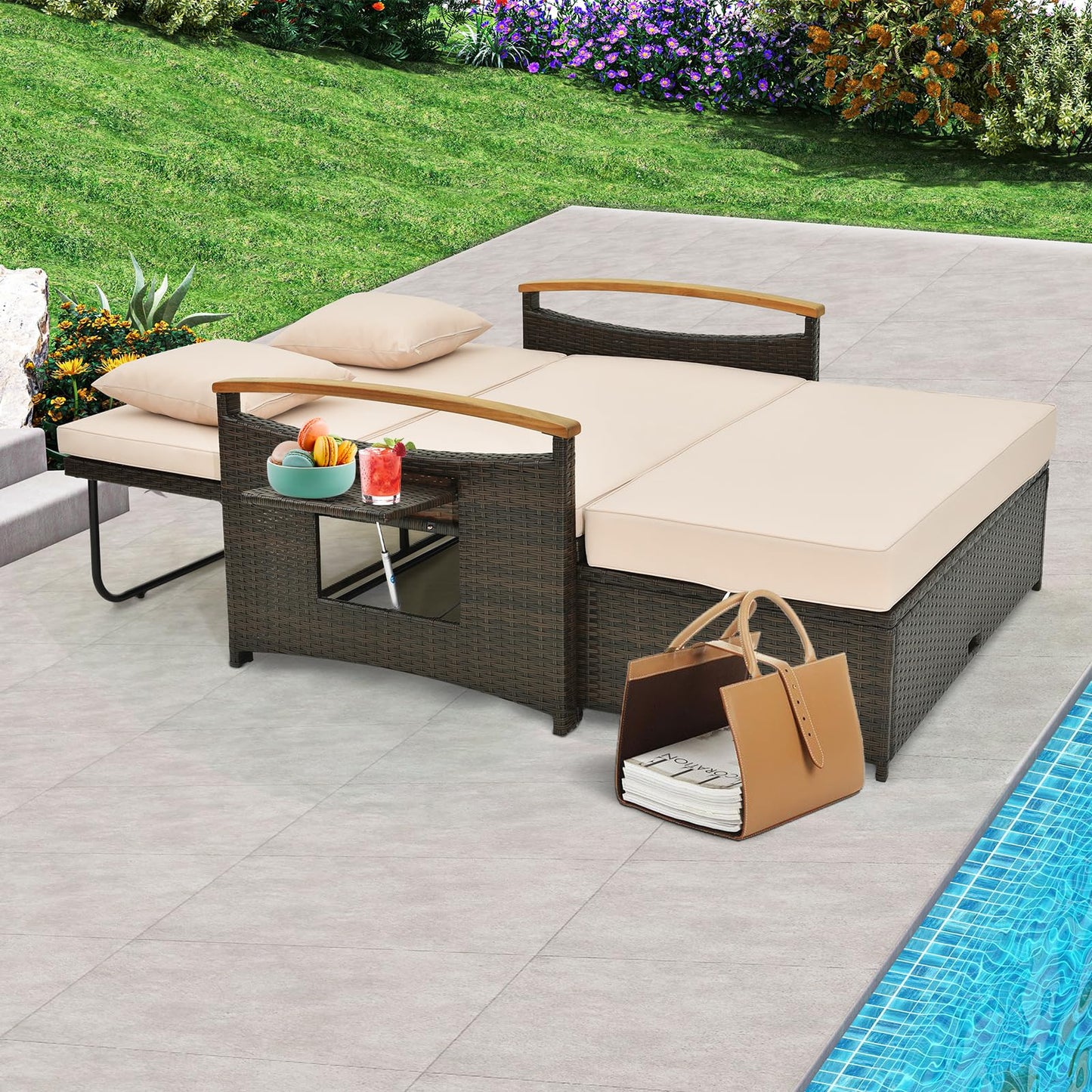 Patio Double Chaise Lounger Sun Bed with 4-Level Adjustable Back
