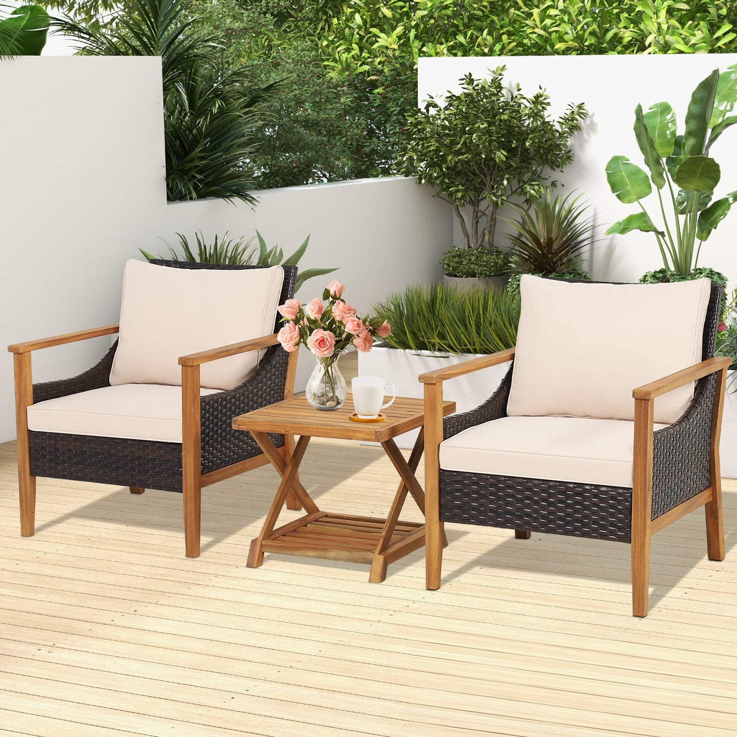 3 PCS Acacia Wood Garden Table and Chairs Patio Sofa Set with Coffee Table and Cushions