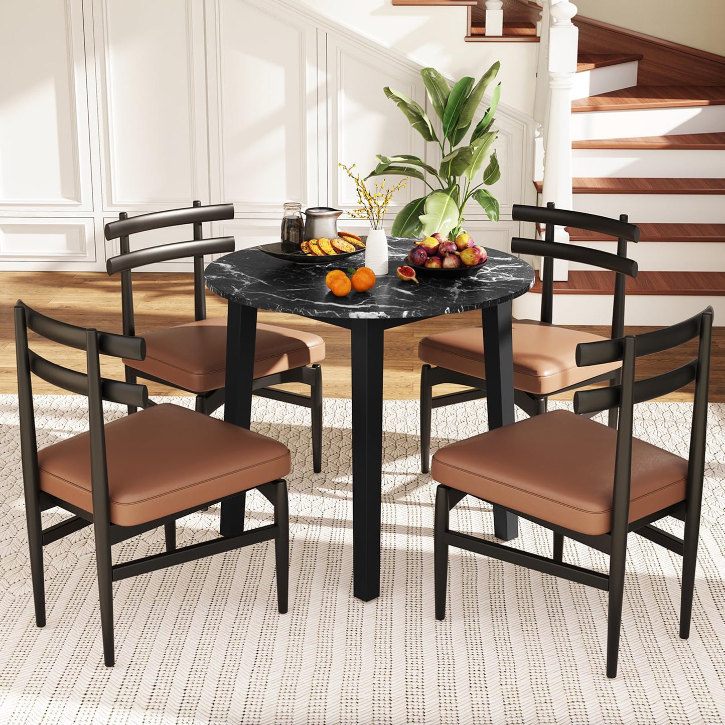 Round Dining Table with Rubber Wood Legs and Marble-textured Veneer Tabletop