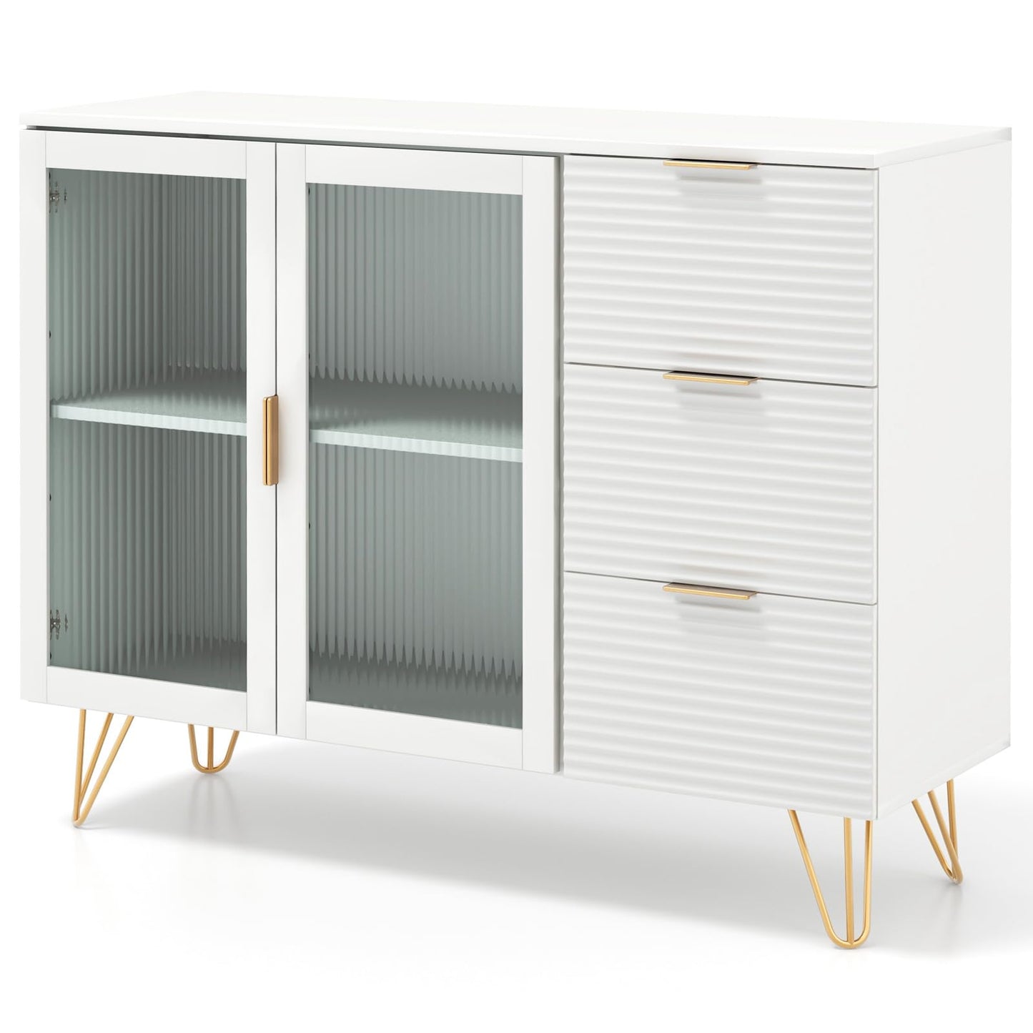 Modern Sideboard Storage Cabinet with 2 Glass Doors and 3 Drawers