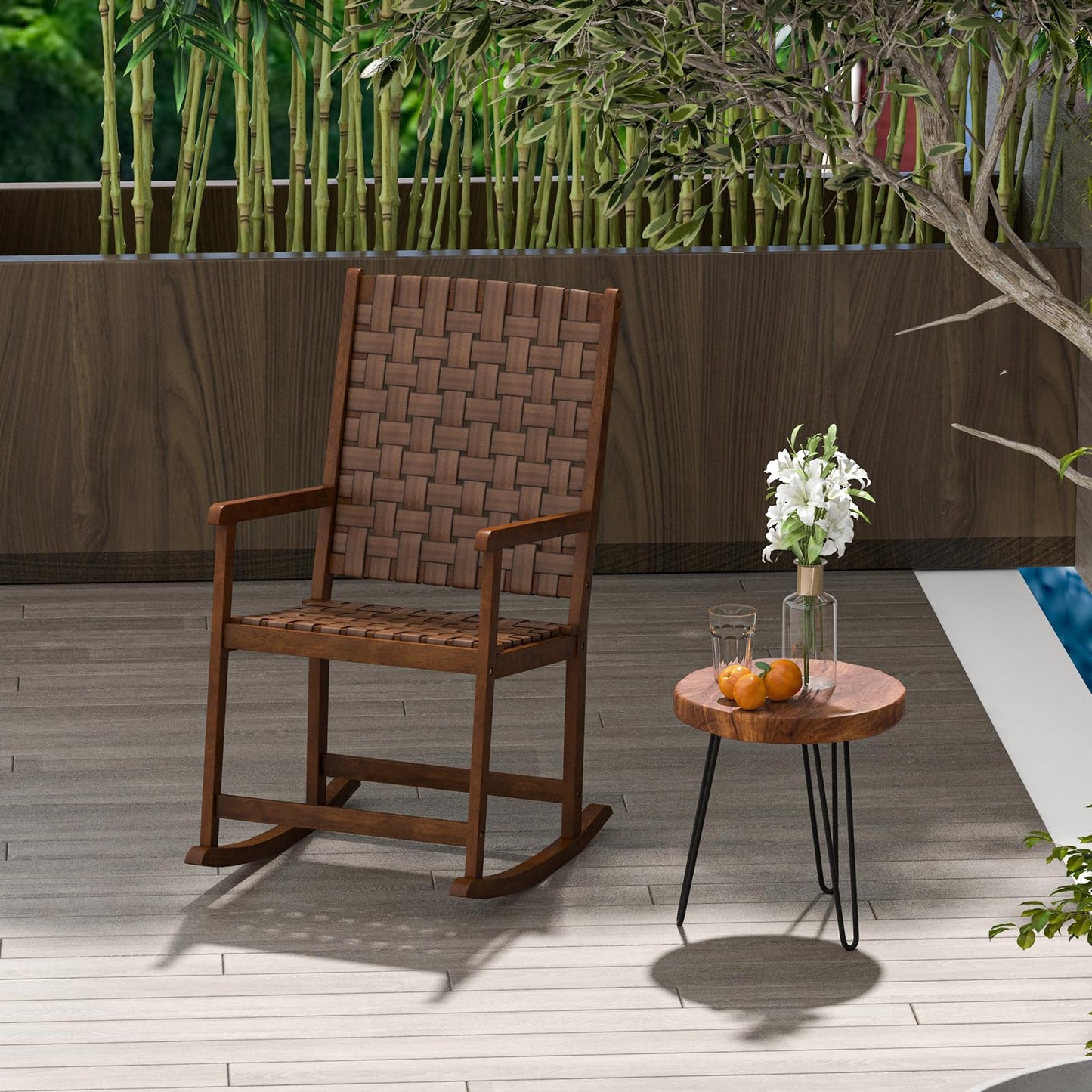 Wood Rocking Chair with PU Seat and Rubber Wood Frame for Porch Backyard Balcony
