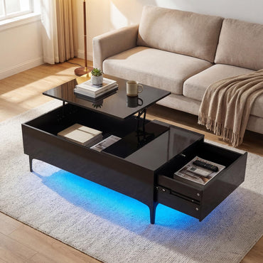 Lift Up Top Coffee Table with LED Lights, High Gloss Lifting Cocktail Center Table