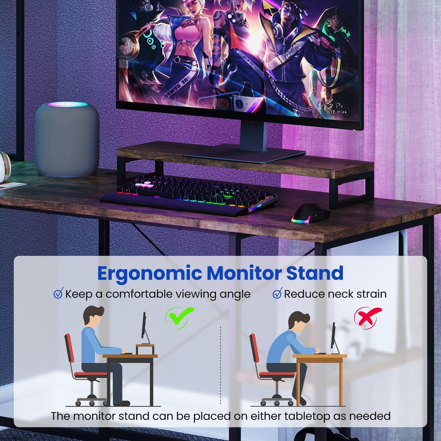L-Shaped Gaming Desk with LED Strip and Power Outlets