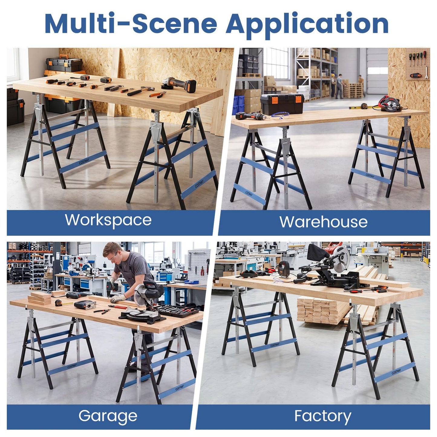 Set of 2 Adjustable Builders Trestle with Top Limit Clip (Blue) | 200kg Capacity Telescopic Saw Horse