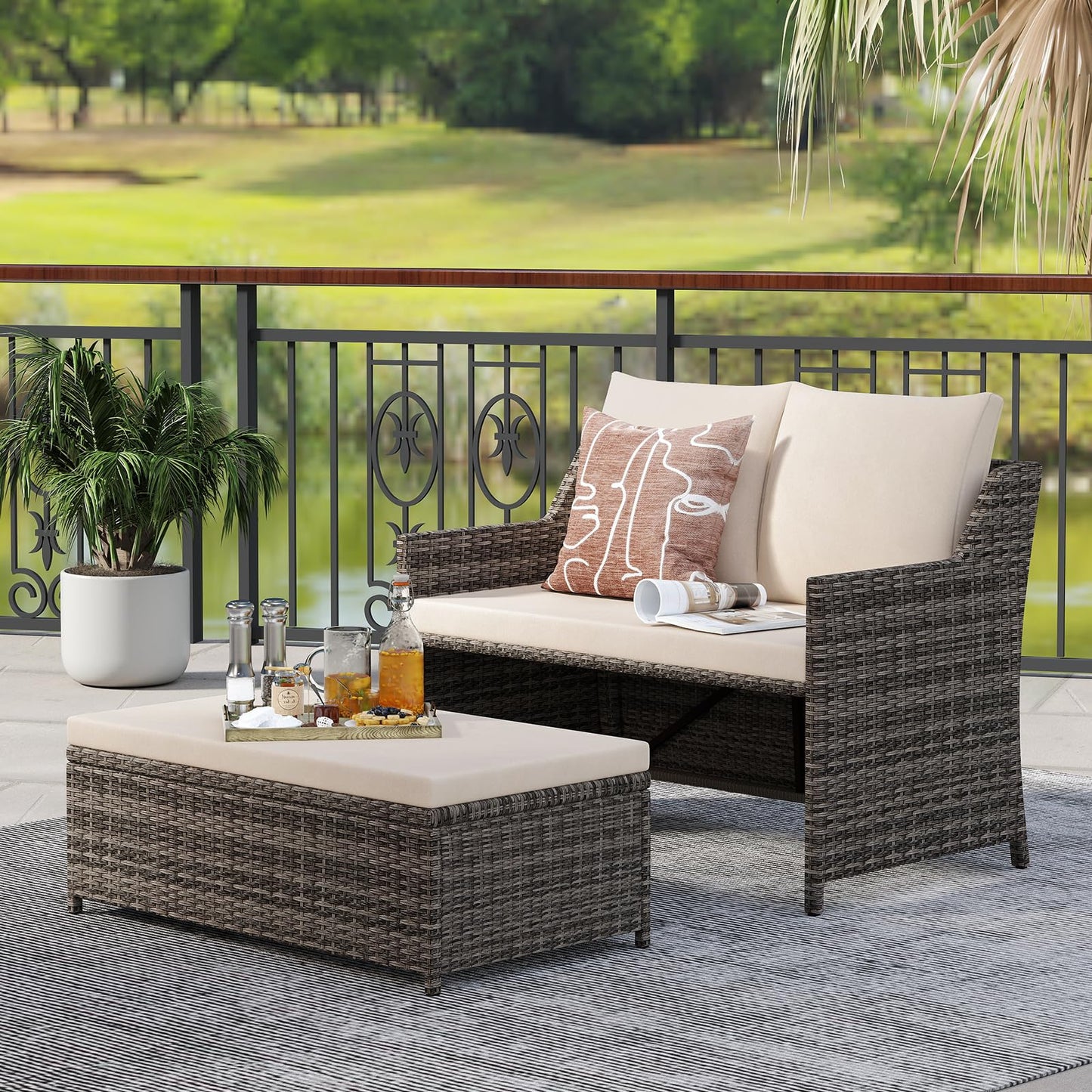 Outdoor PE Rattan Conversation Set with Built-in Storage Bin