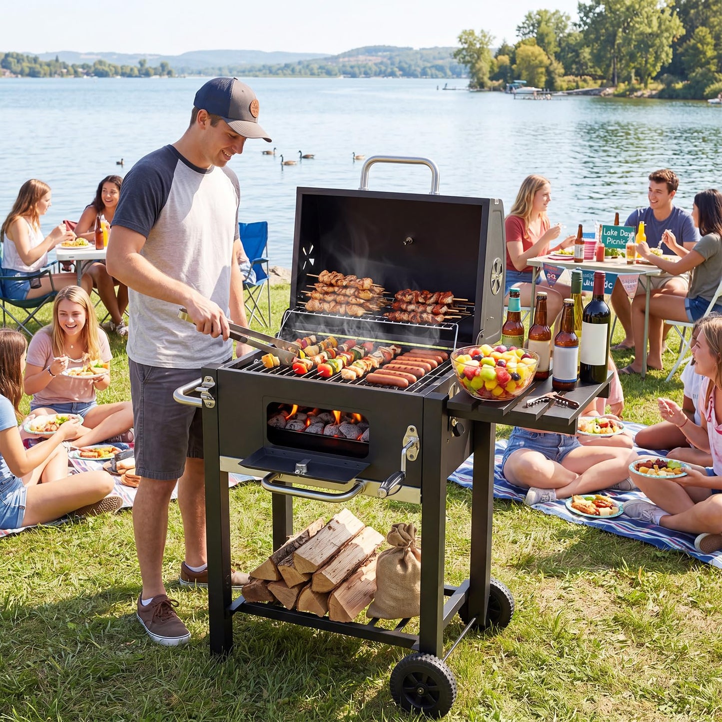 Charcoal Grill with Wheels Portable BBQ Grill with Adjustable Charcoal Tray