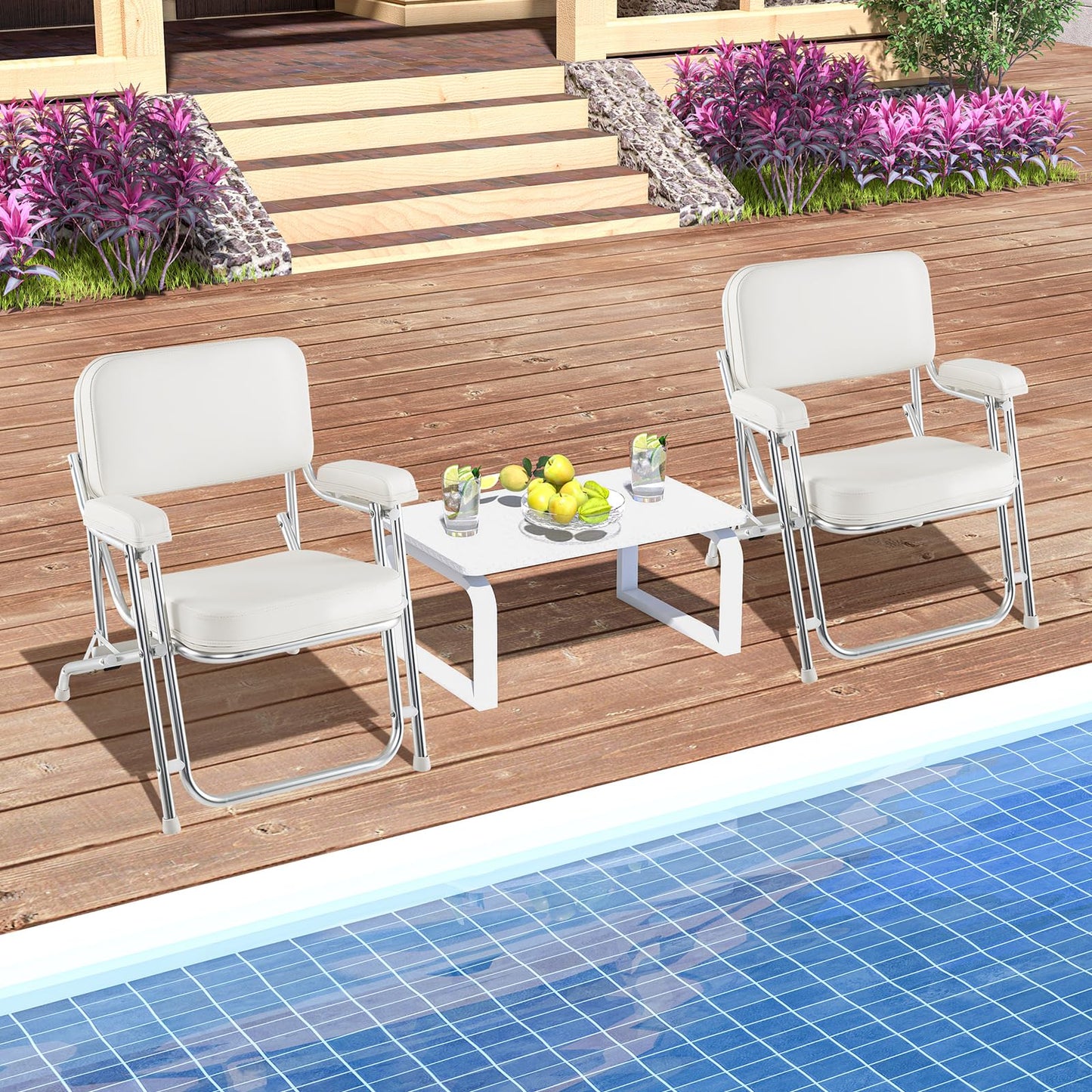 Upholstered Folding Deck Chair with Padded Backrest & Armrests