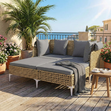 Garden Rattan Daybed, Patio Double Chaise Lounger Sun Bed with Retractable Canopy