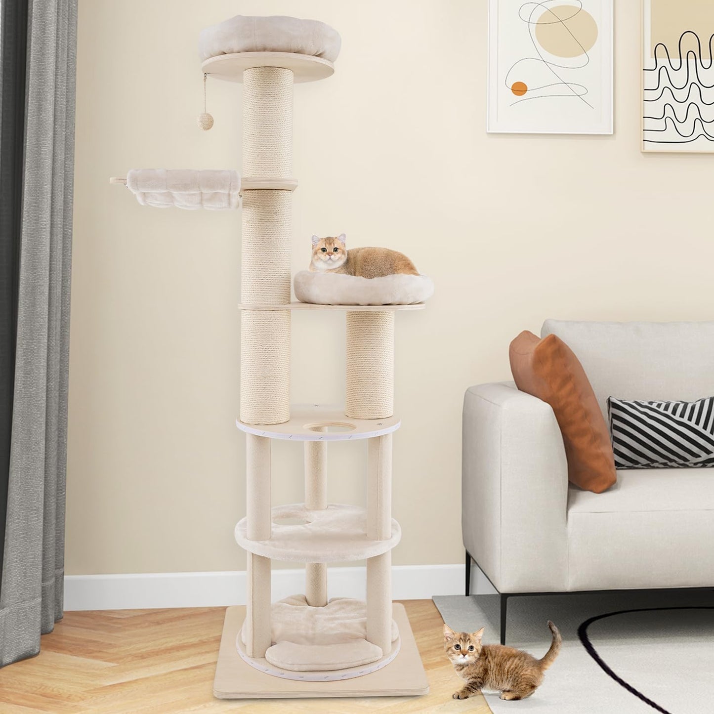187 cm Tall Wooden Cat Tower Tree with 2-Story Cat Condo