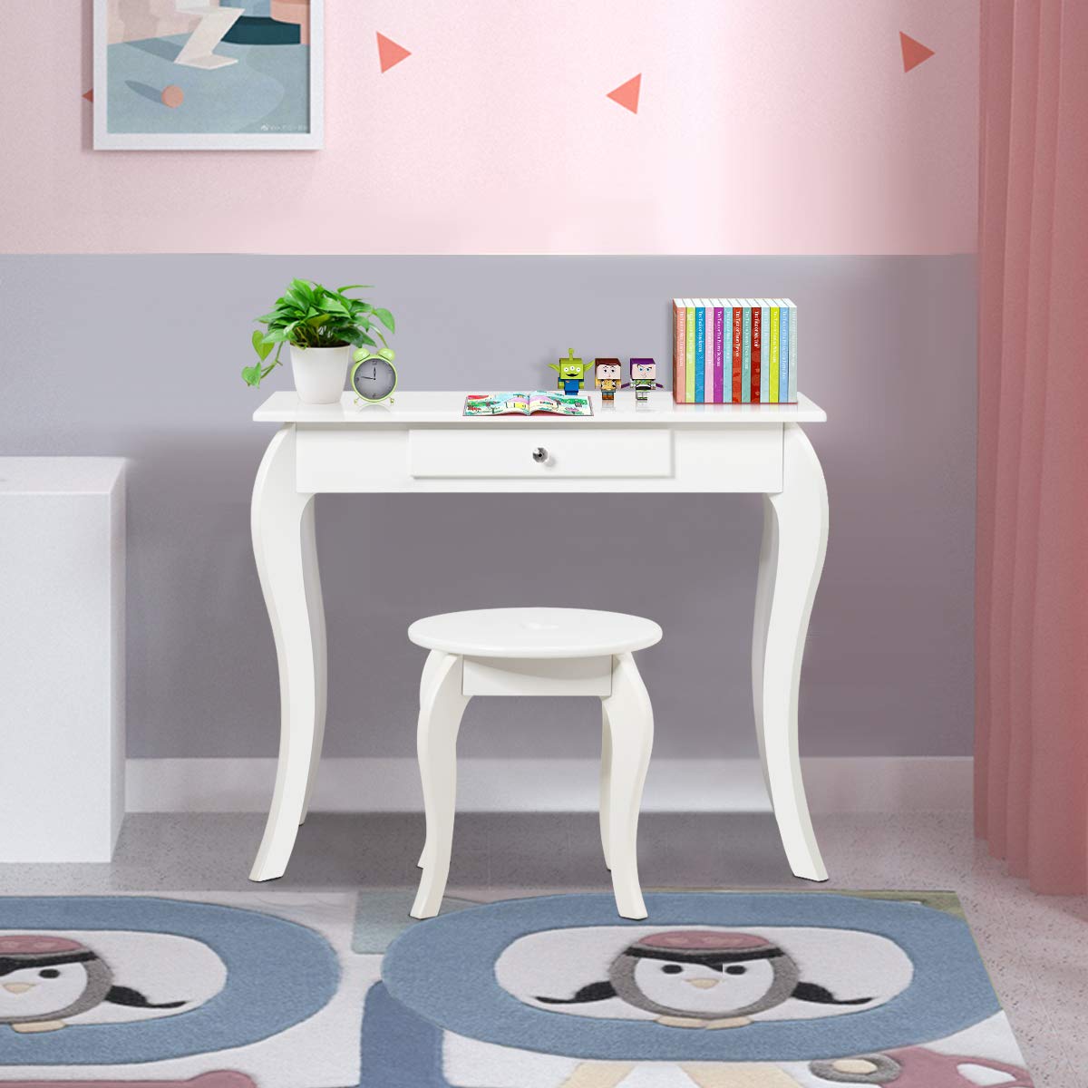 Kids Vanity Table and Stool 2 in 1 with Removable Mirror and Drawer