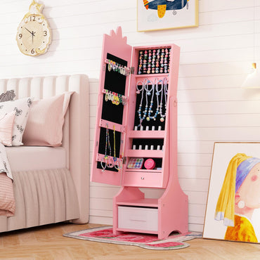 Kids Jewelry Cabinet with Full-Length Mirror and Foldable Drawer