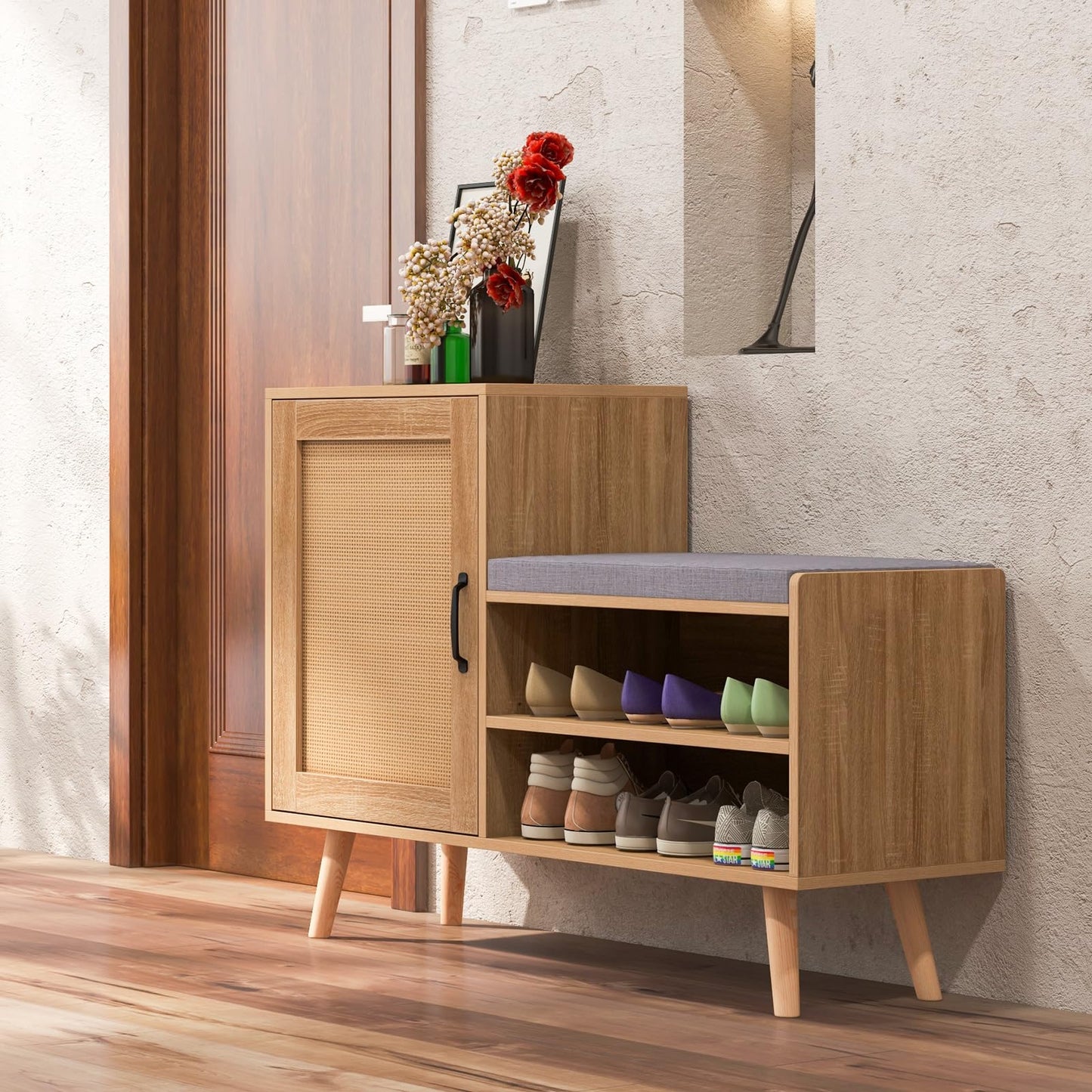 2-in-1 Rattan Shoe Cabinet with Bench and 3 Adjustable Shelves