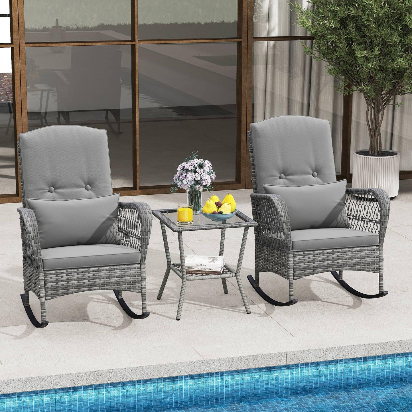 3 Piece Outdoor Rocking Chair Set with Cozy Cushions and Pillow