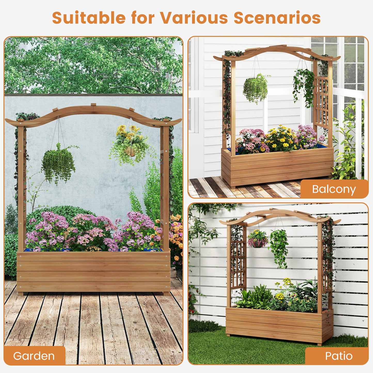 Raised Garden Bed with Trellis Solid Wood Planter with Hanging Roof