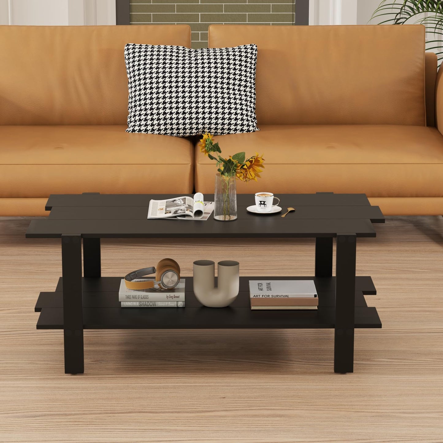2 Tier Coffee Table with Storage Shelf for Living Room