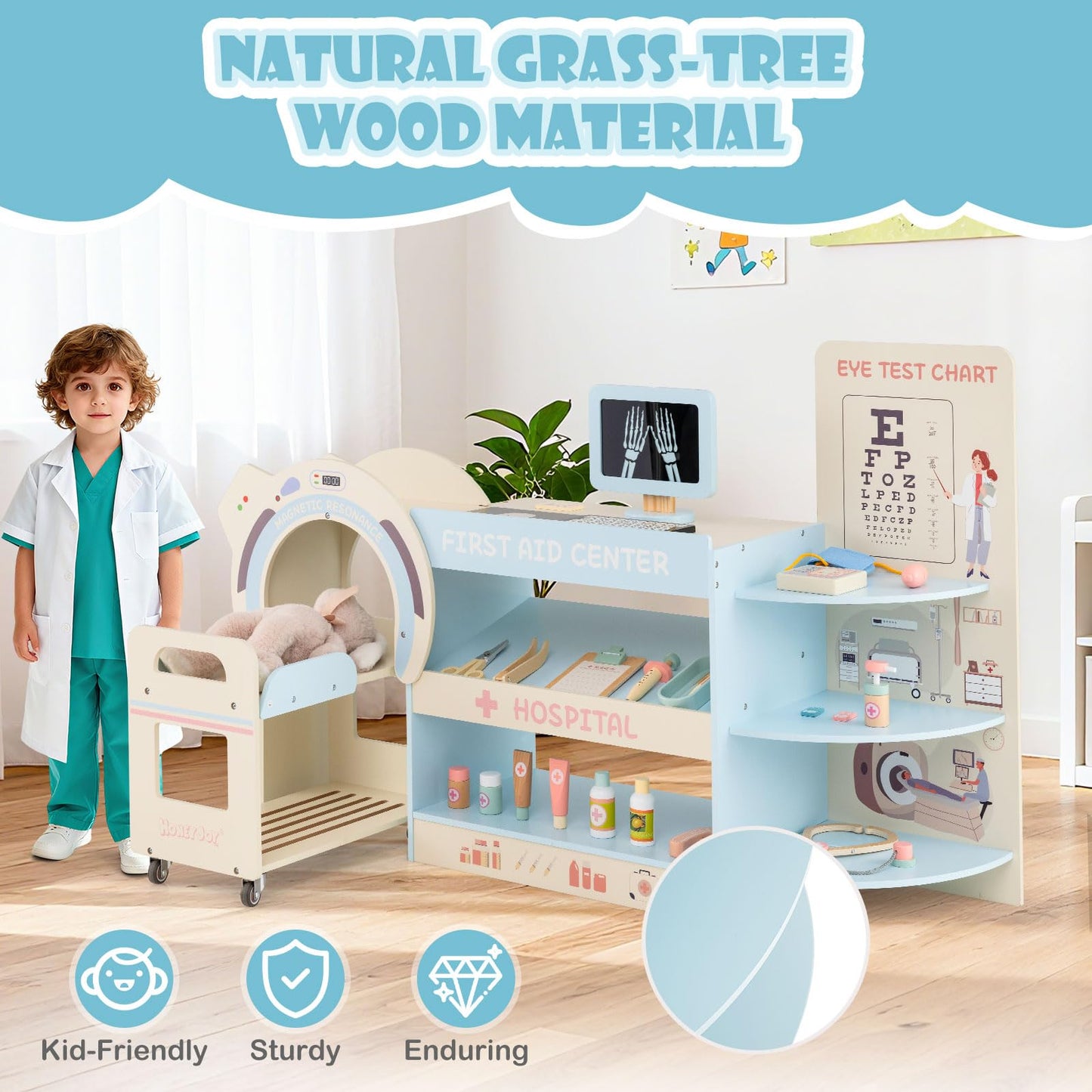 Wooden Pretend Hospital Office Kit with Eye Chart and Toy CT Machine