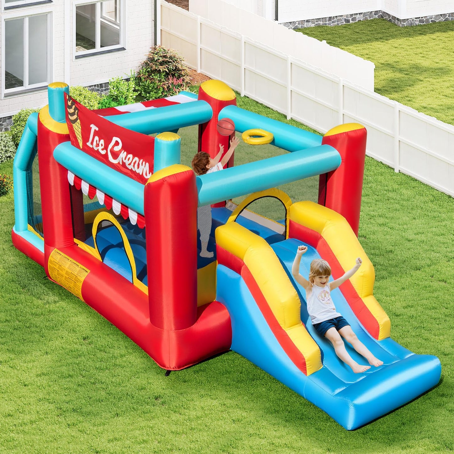 Kids Bouncy Castle with Slide & Basketball Hoop for 3-10 Years Old