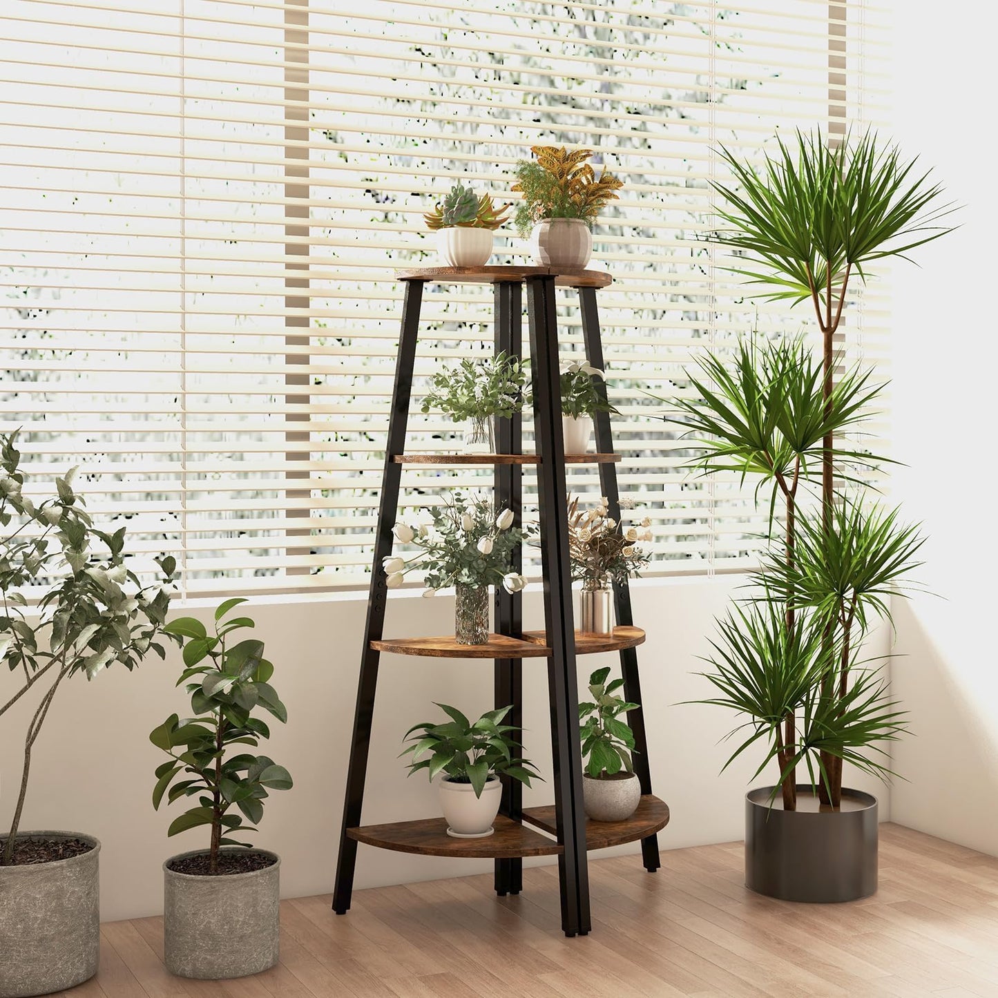 4-Tier Corner Ladder Shelf with Heavy-duty Metal Frame and Anti-toppling Device