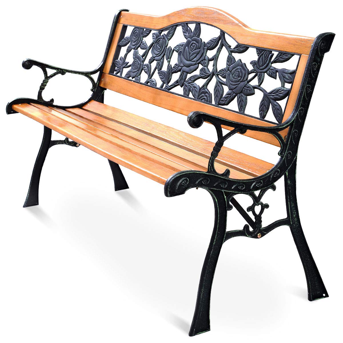 Solid Wood Slatted Seat Loveseat Park Bench Arched Back with Rose Pattern