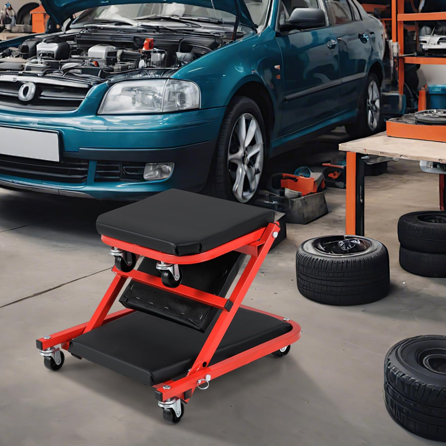2-in-1 Rolling Creeper Seat Folding Creeper with 6 Universal Wheels