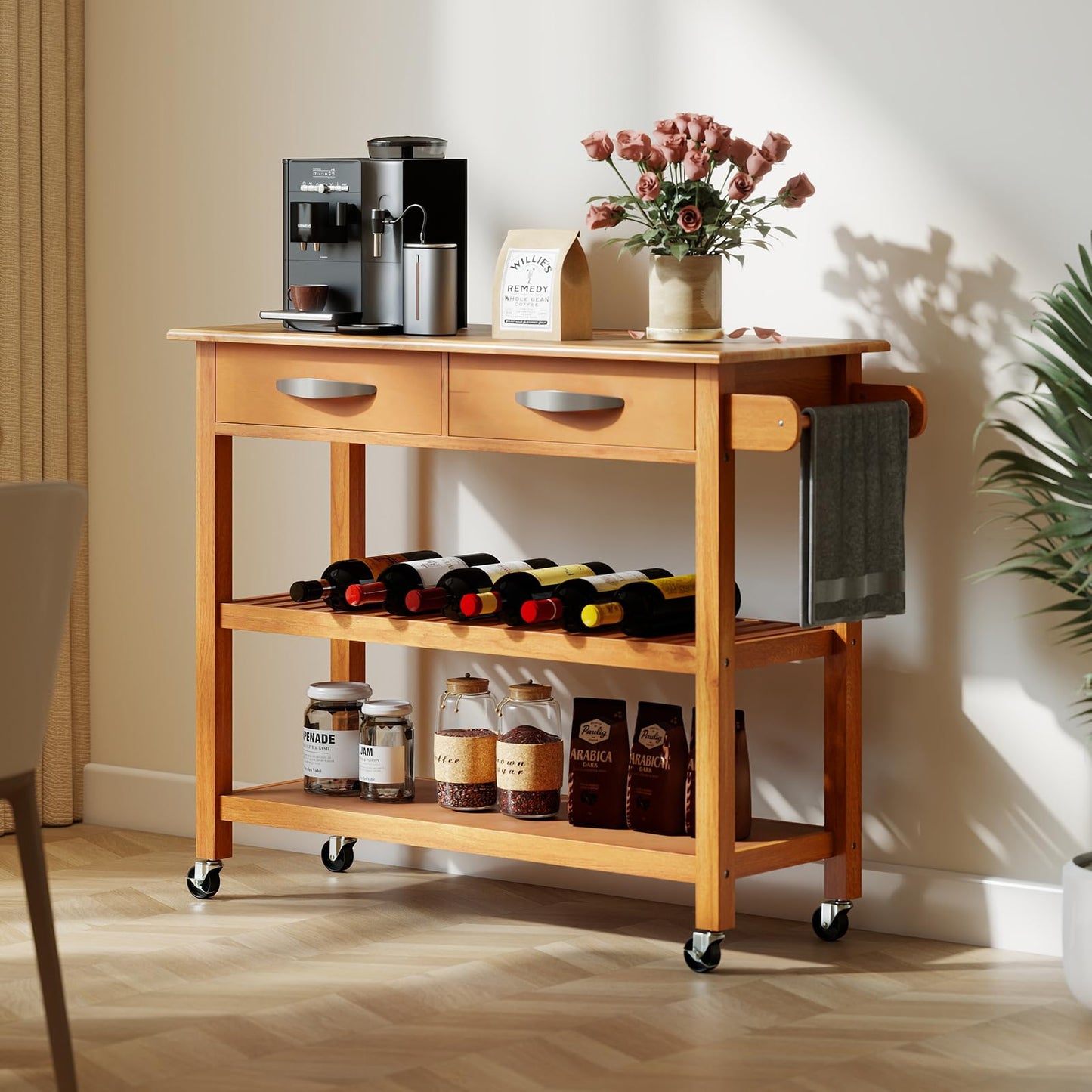 Kitchen Island with Storage 3-Tier Rolling Utility Cart with Wood Countertop