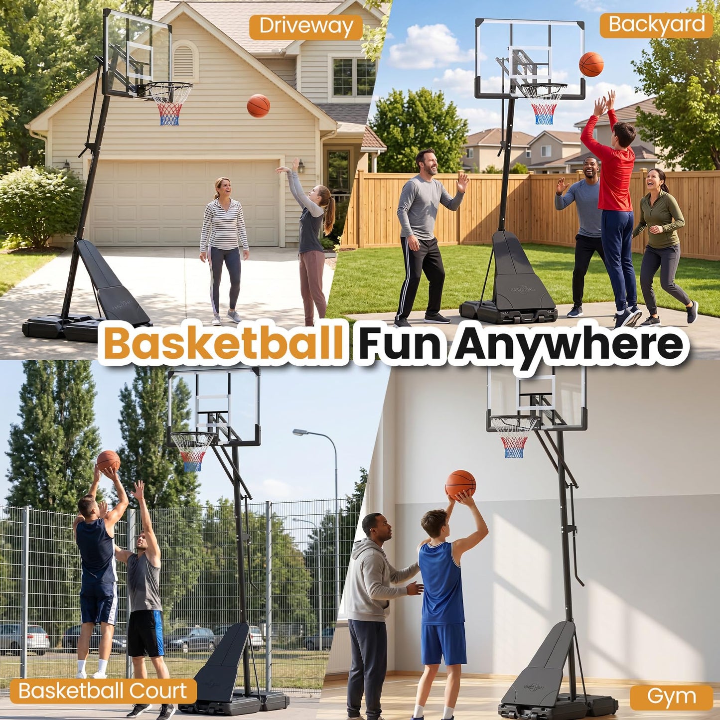 2.45-3.05M Portable Basketball Hoop Height Adjustable with Shatterproof Backboard