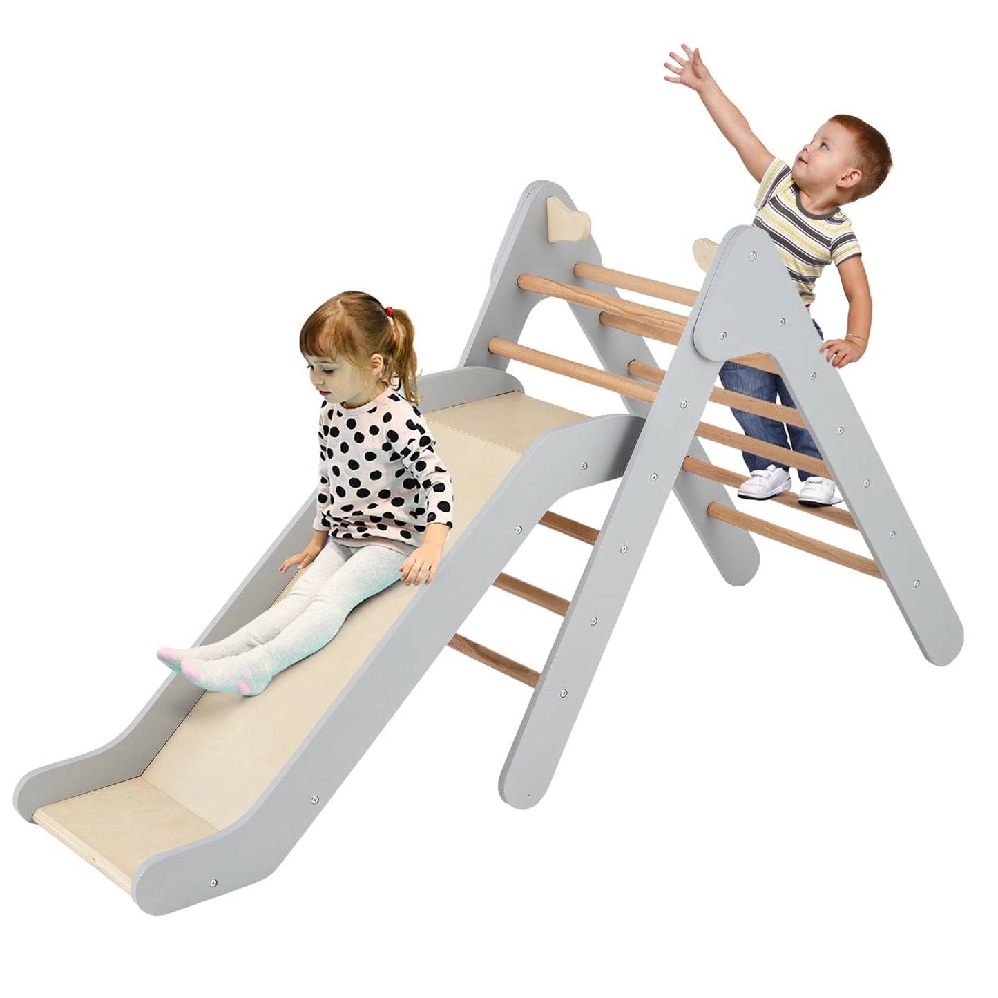 2 in 1 Wooden Triangle Climbing Toy with Gradient Adjustable Slide