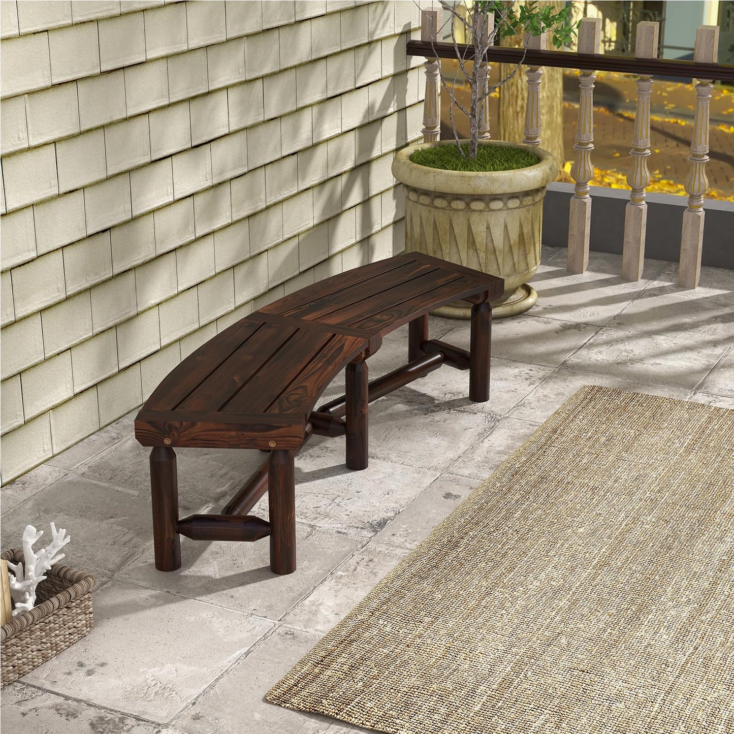 All-Weather Curved Shape Carbonized Wood Patio Loveseat with Slatted Seat