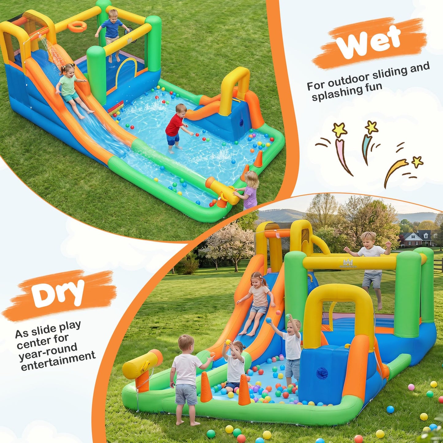 11-in-1 Inflatable Bounce House with Water Slides for Kids without Blower
