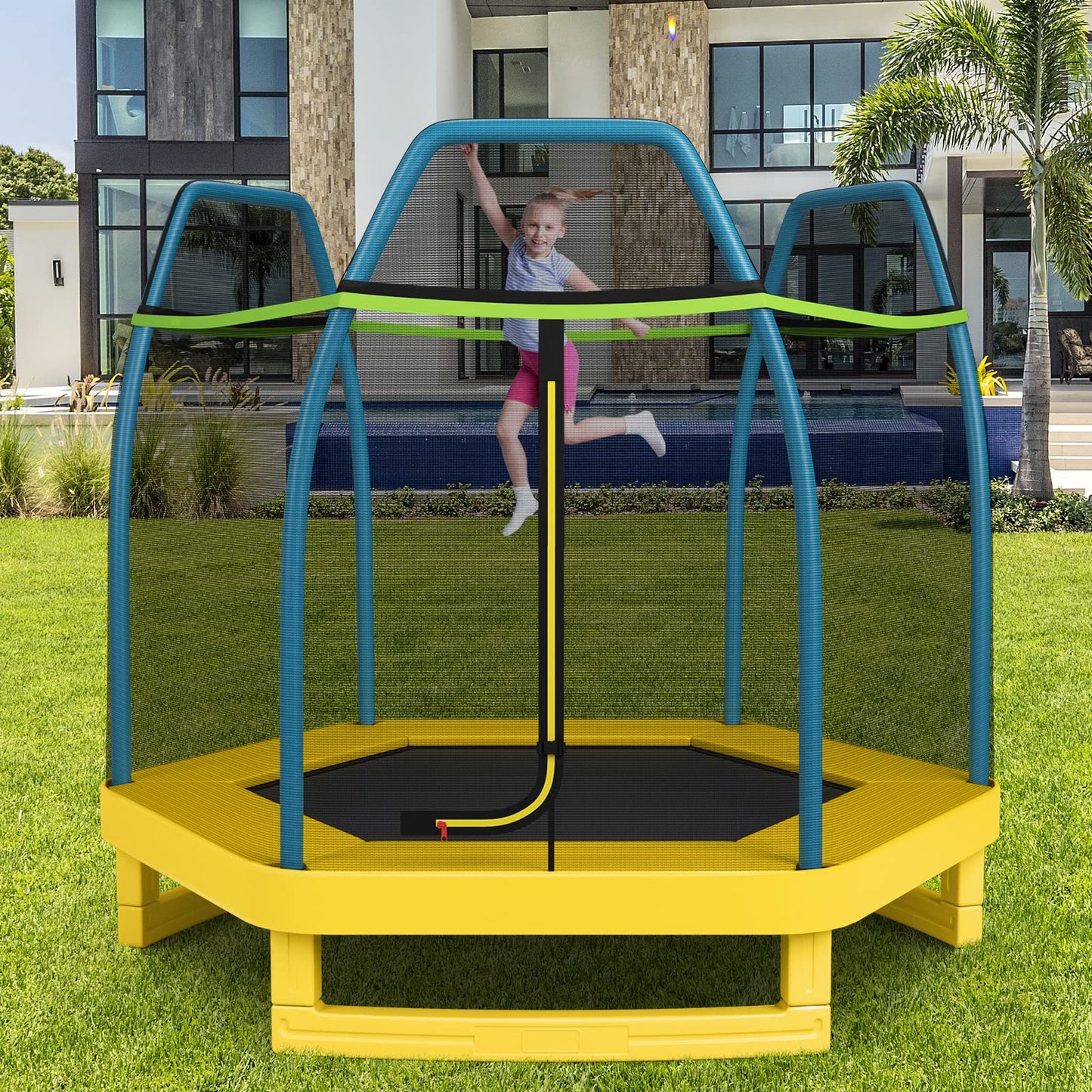 7ft Kids Trampoline Heavy Duty Hexagonal Trampolines with Safety Enclosure Net